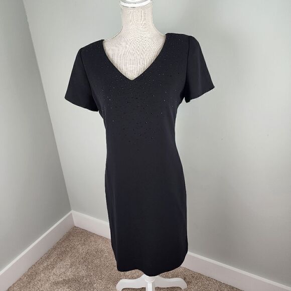 JONES NEW YORK WOMENS SHEATH LINED SHOULDER PADS BEADED V NECK DRESS SIZE 6 - Picture 1 of 6